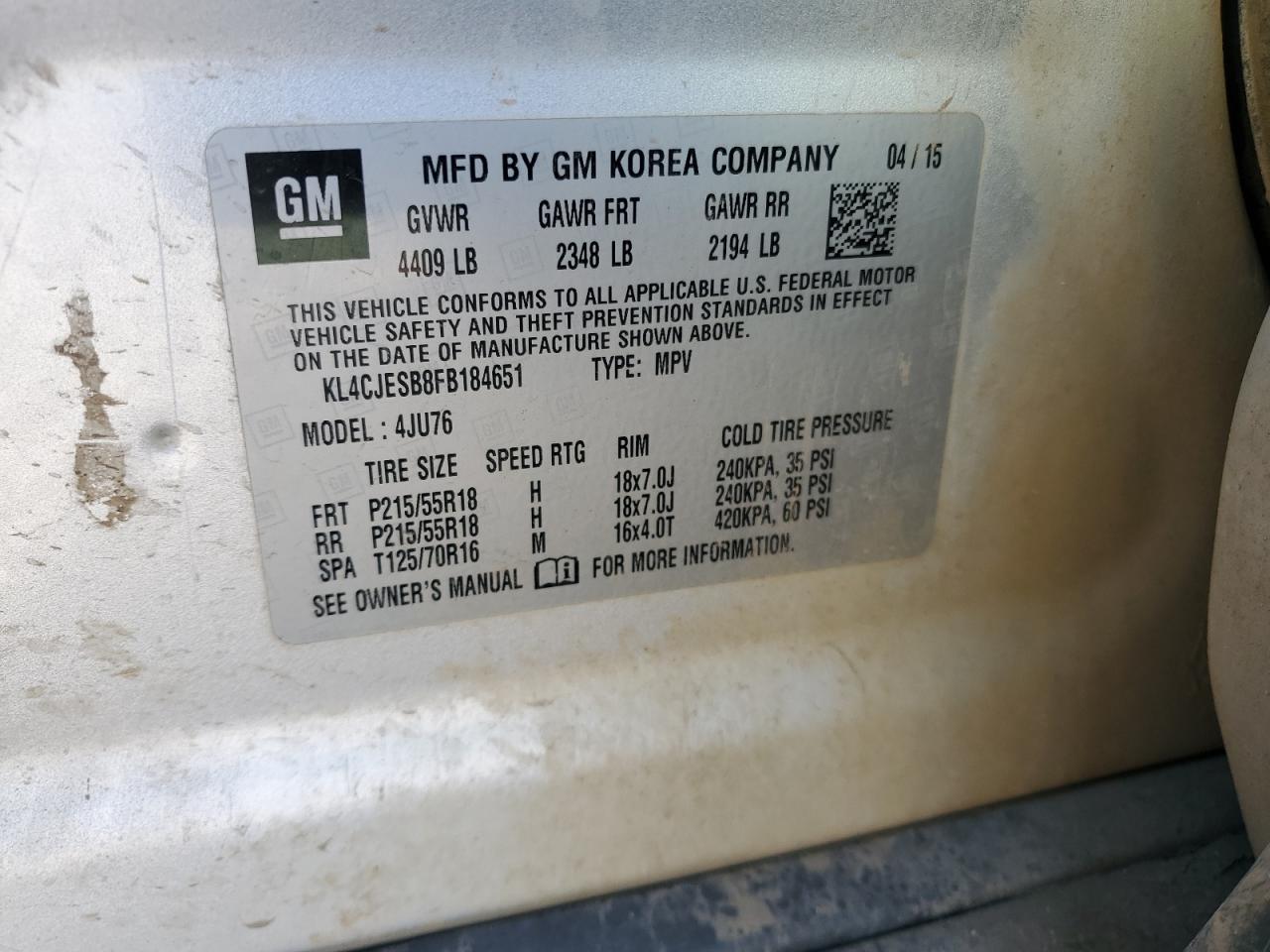 2015 Buick Encore VIN: KL4CJESB8FB184651 Lot: 85720795