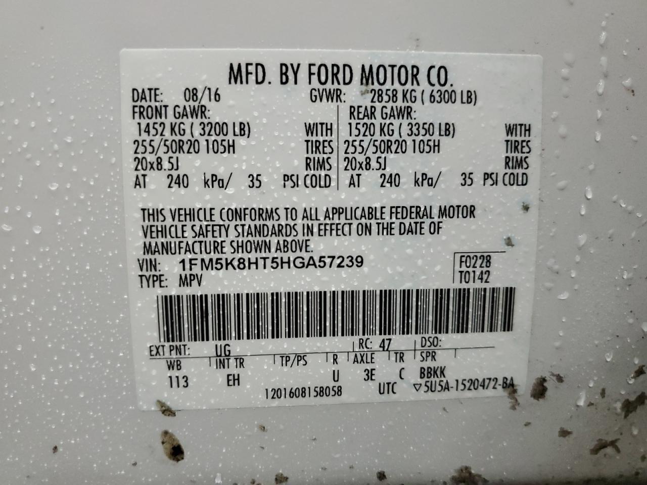 2017 Ford Explorer Platinum VIN: 1FM5K8HT5HGA57239 Lot: 89721835