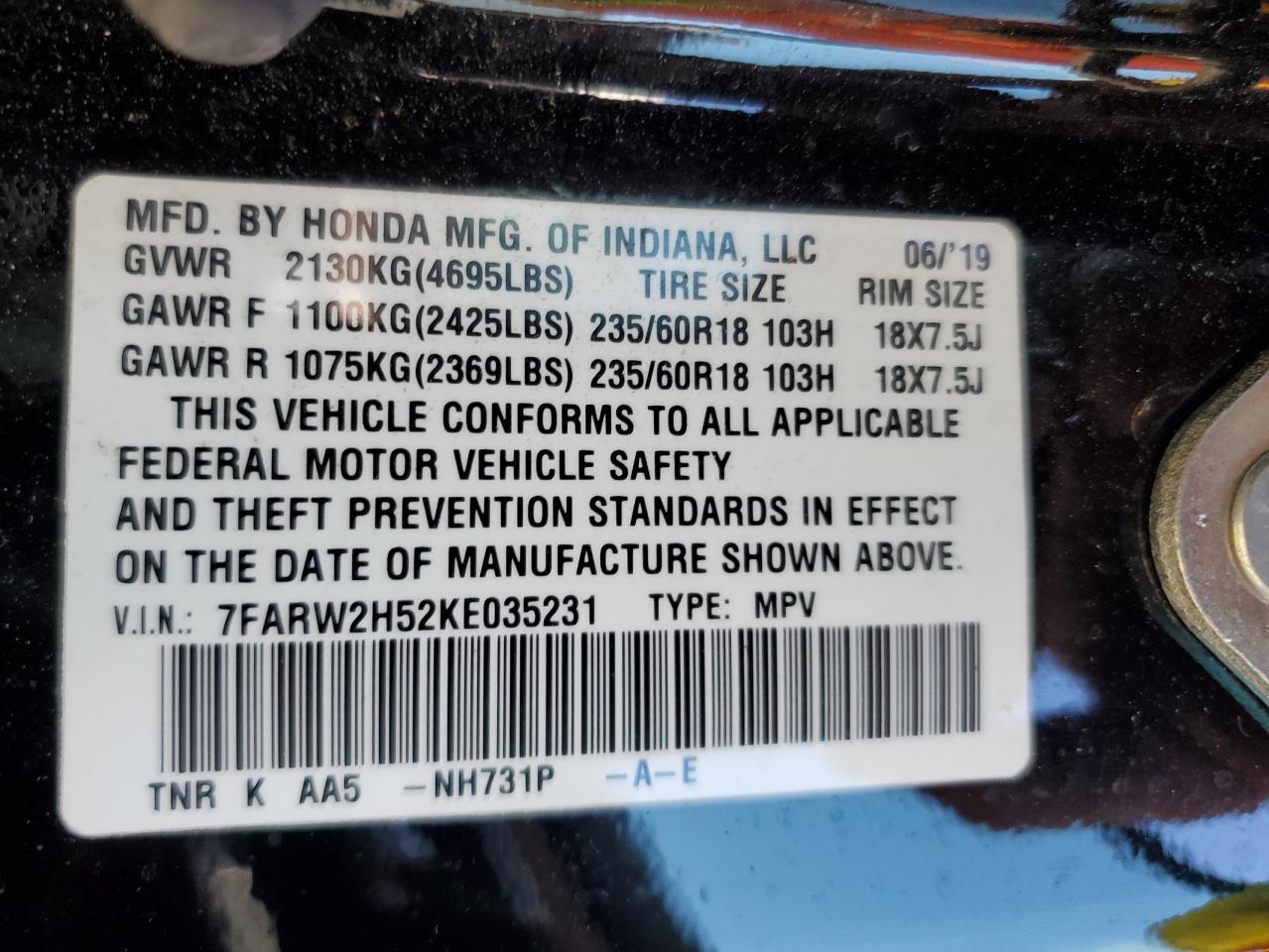 2019 Honda Cr-V Ex VIN: 7FARW2H52KE035231 Lot: 81863315