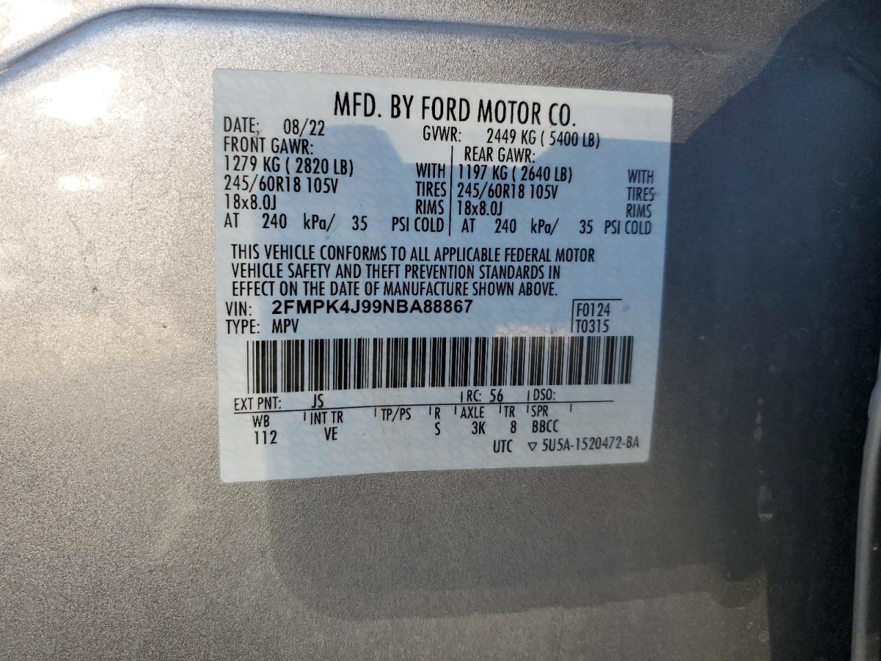 2022 Ford Edge Sel VIN: 2FMPK4J99NBA88867 Lot: 86443305