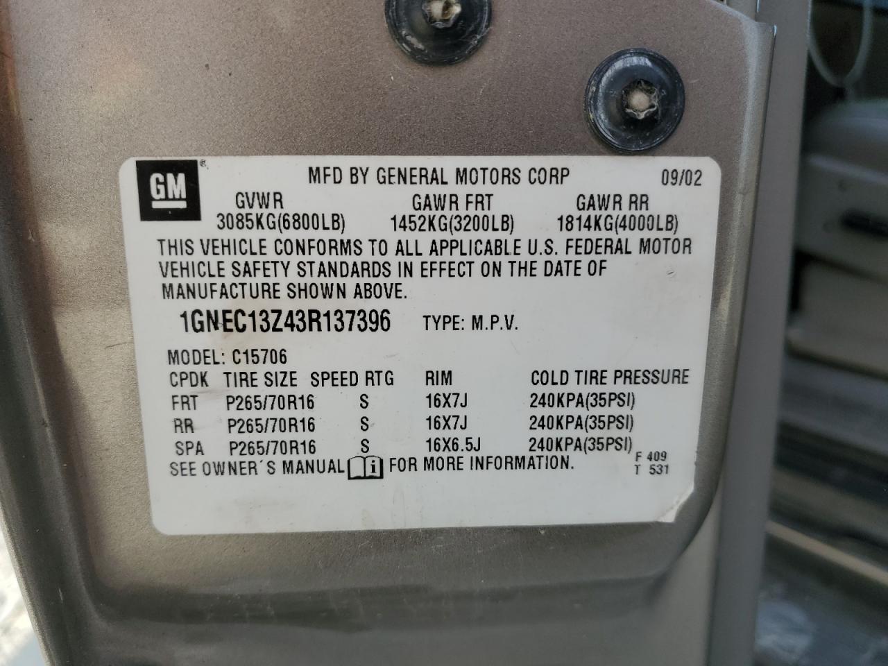 2003 Chevrolet Tahoe C1500 VIN: 1GNEC13Z43R137396 Lot: 87009255