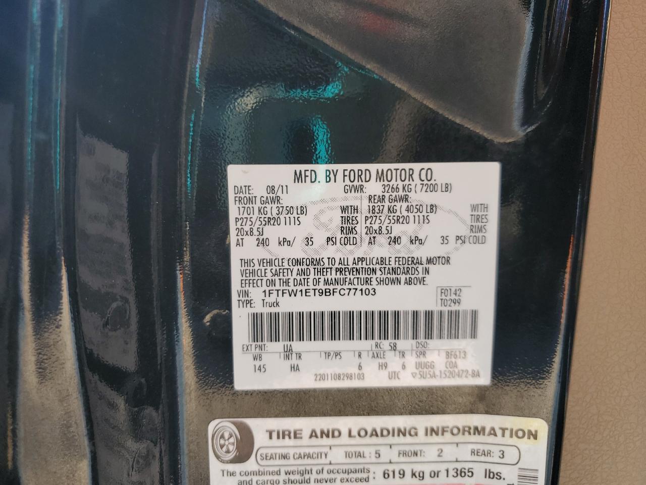 2011 Ford F150 Supercrew VIN: 1FTFW1ET9BFC77103 Lot: 82346515