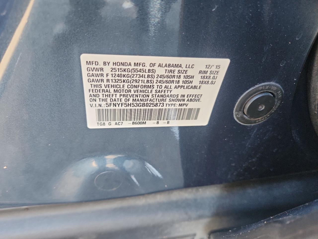 2016 Honda Pilot Exl VIN: 5FNYF5H53GB025873 Lot: 91010115