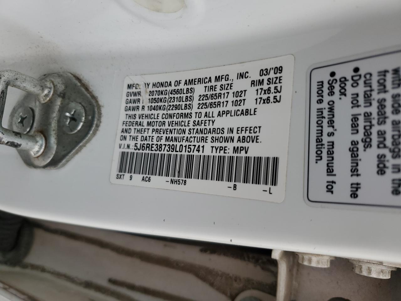 2009 Honda Cr-V Exl VIN: 5J6RE38739L015741 Lot: 86062065
