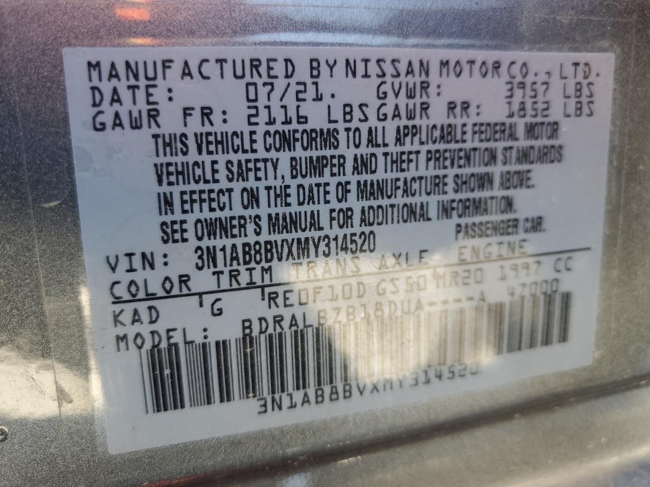 2021 Nissan Sentra S VIN: 3N1AB8BVXMY314520 Lot: 81954945