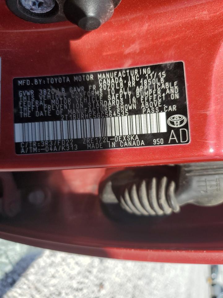 2016 Toyota Corolla L VIN: 2T1BURHE5GC564535 Lot: 85342015