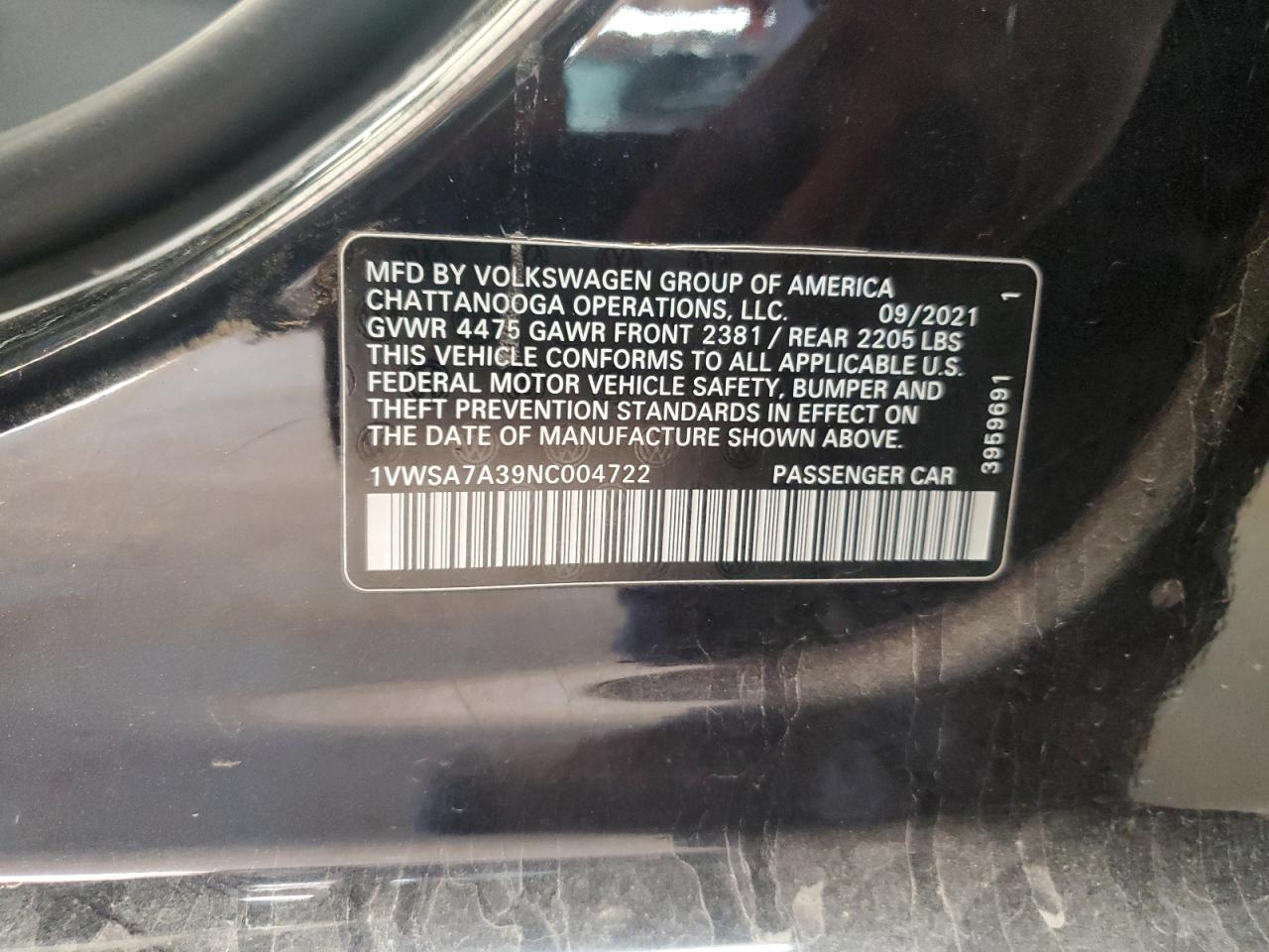 2022 Volkswagen Passat Se VIN: 1VWSA7A39NC004722 Lot: 89821135