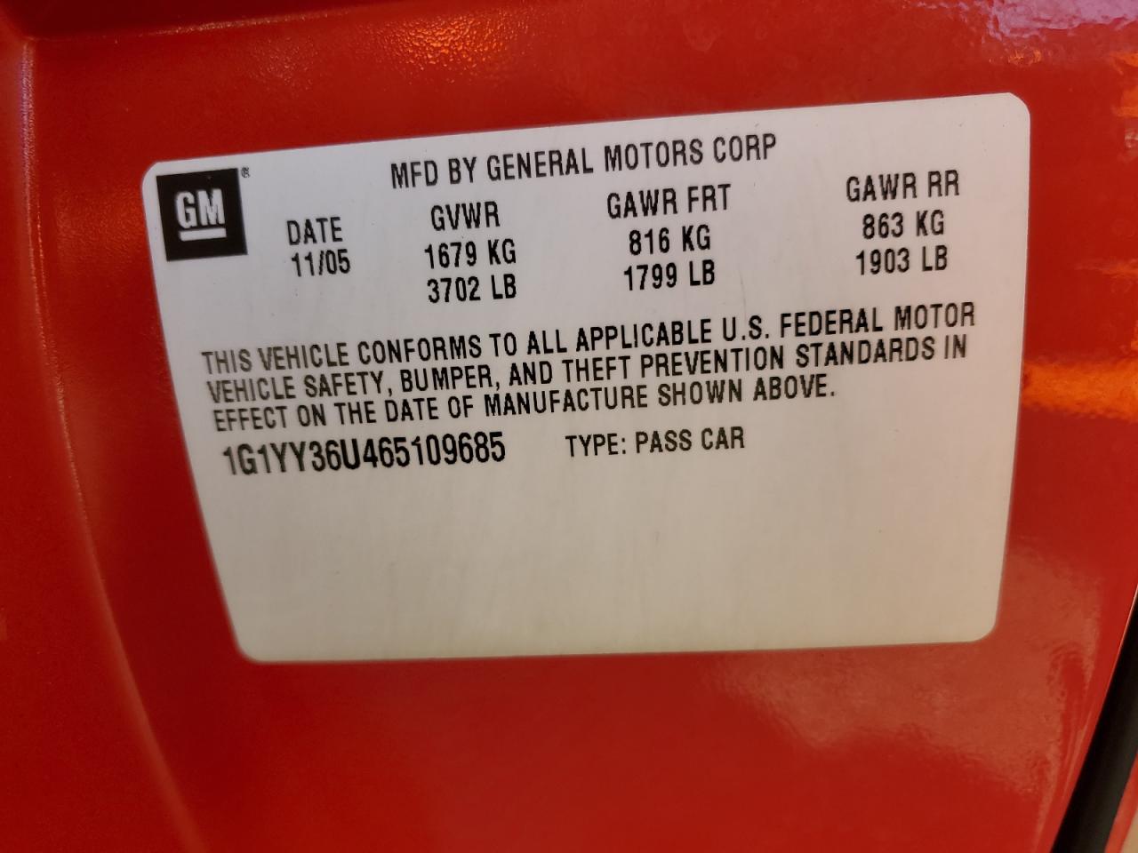 2006 Chevrolet Corvette VIN: 1G1YY36U465109685 Lot: 84589935