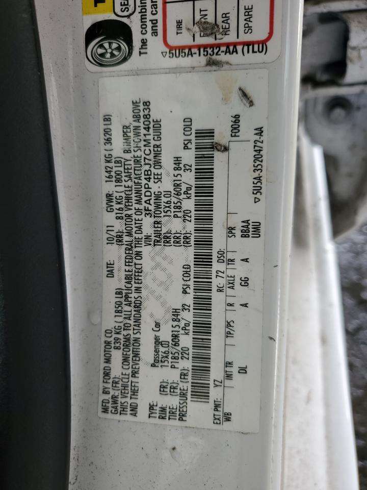 2012 Ford Fiesta Se VIN: 3FADP4BJ7CM140838 Lot: 85192795