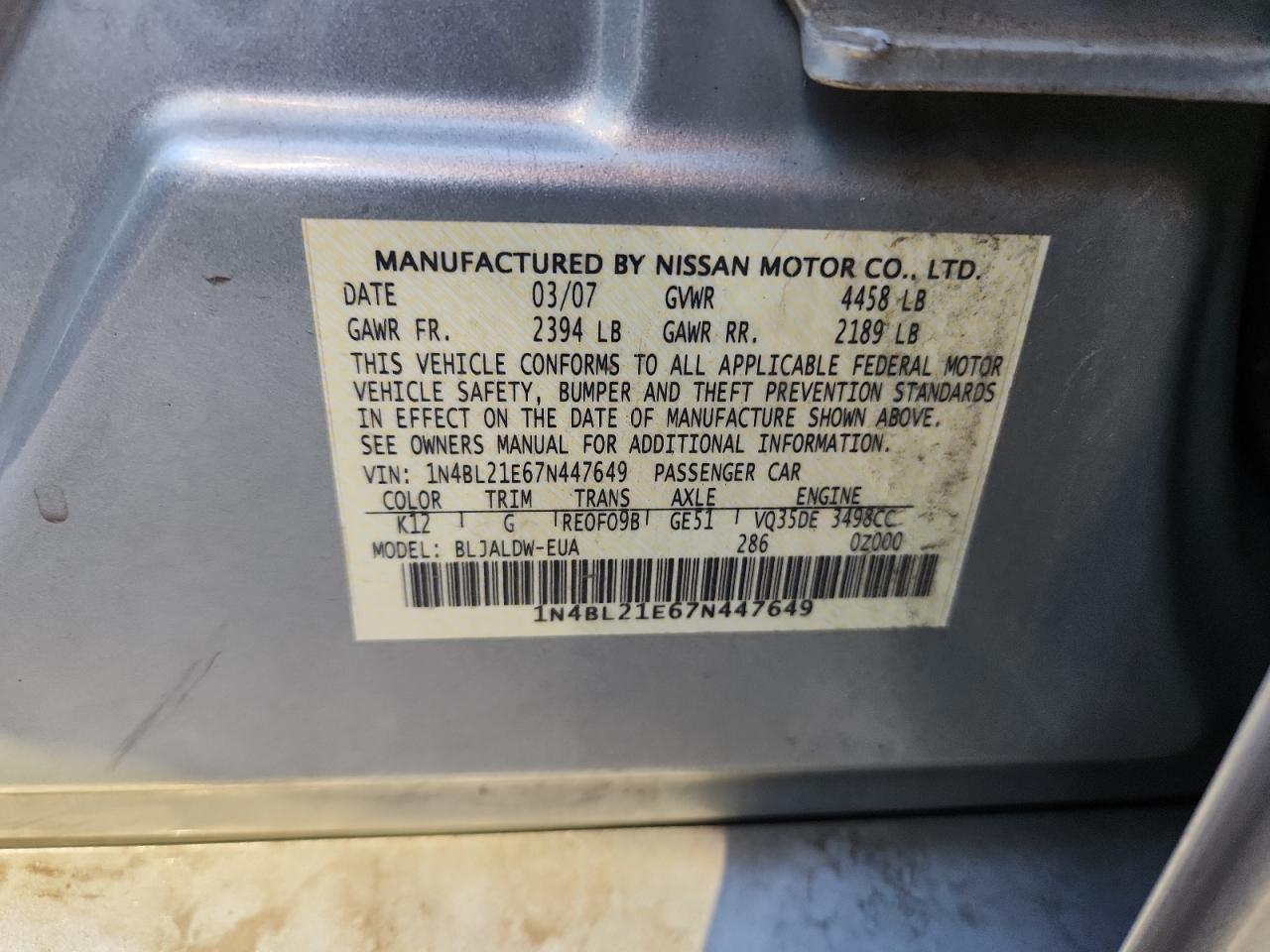 2007 Nissan Altima 3.5Se VIN: 1N4BL21E67N447649 Lot: 87257005