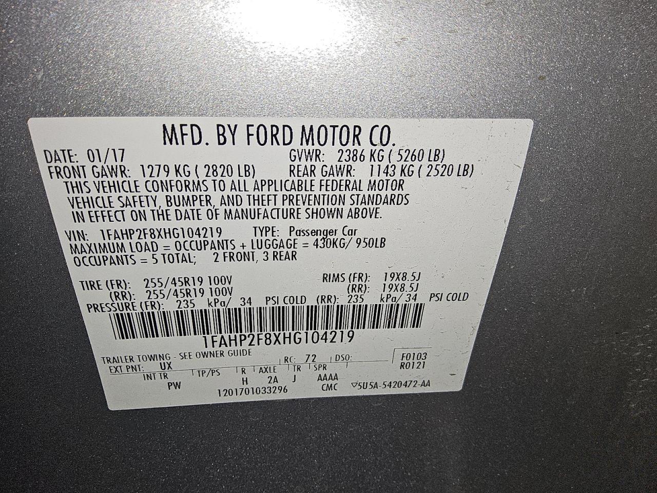 2017 Ford Taurus Limited VIN: 1FAHP2F8XHG104219 Lot: 84993265