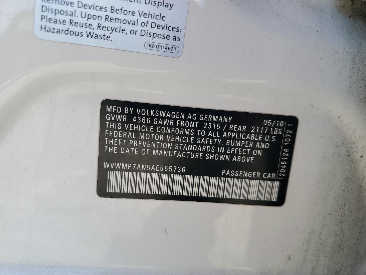 2010 Volkswagen Cc Sport VIN: WVWMP7AN5AE565736 Lot: 90060625