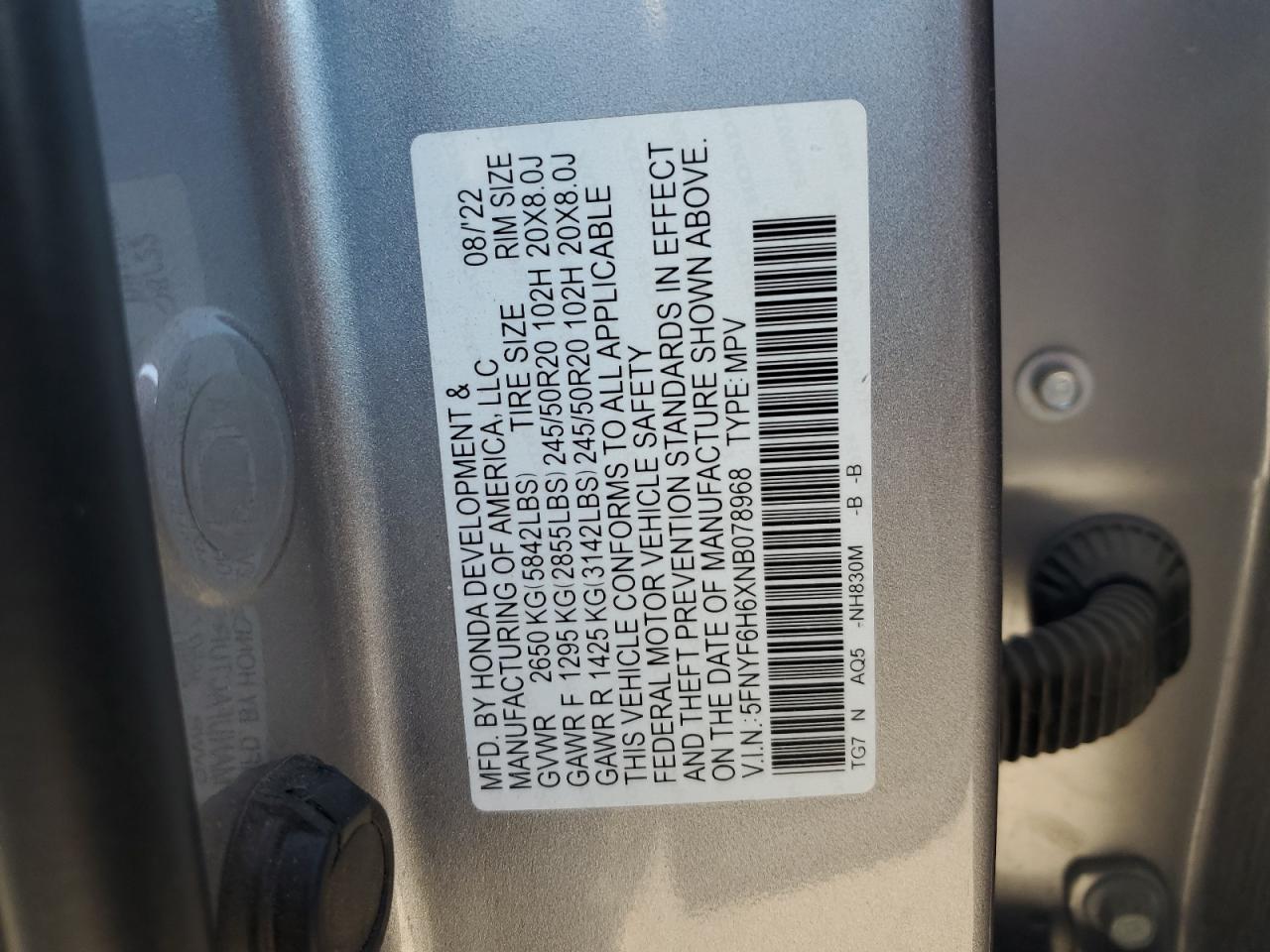 2022 Honda Pilot Touring VIN: 5FNYF6H6XNB078968 Lot: 89539445