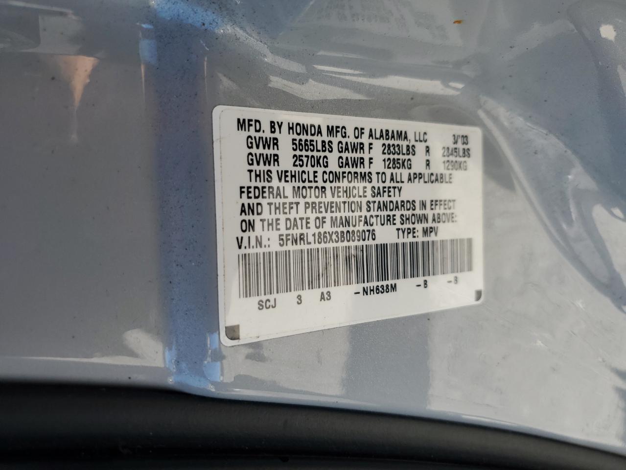 2003 Honda Odyssey Ex VIN: 5FNRL186X3B089076 Lot: 83802235