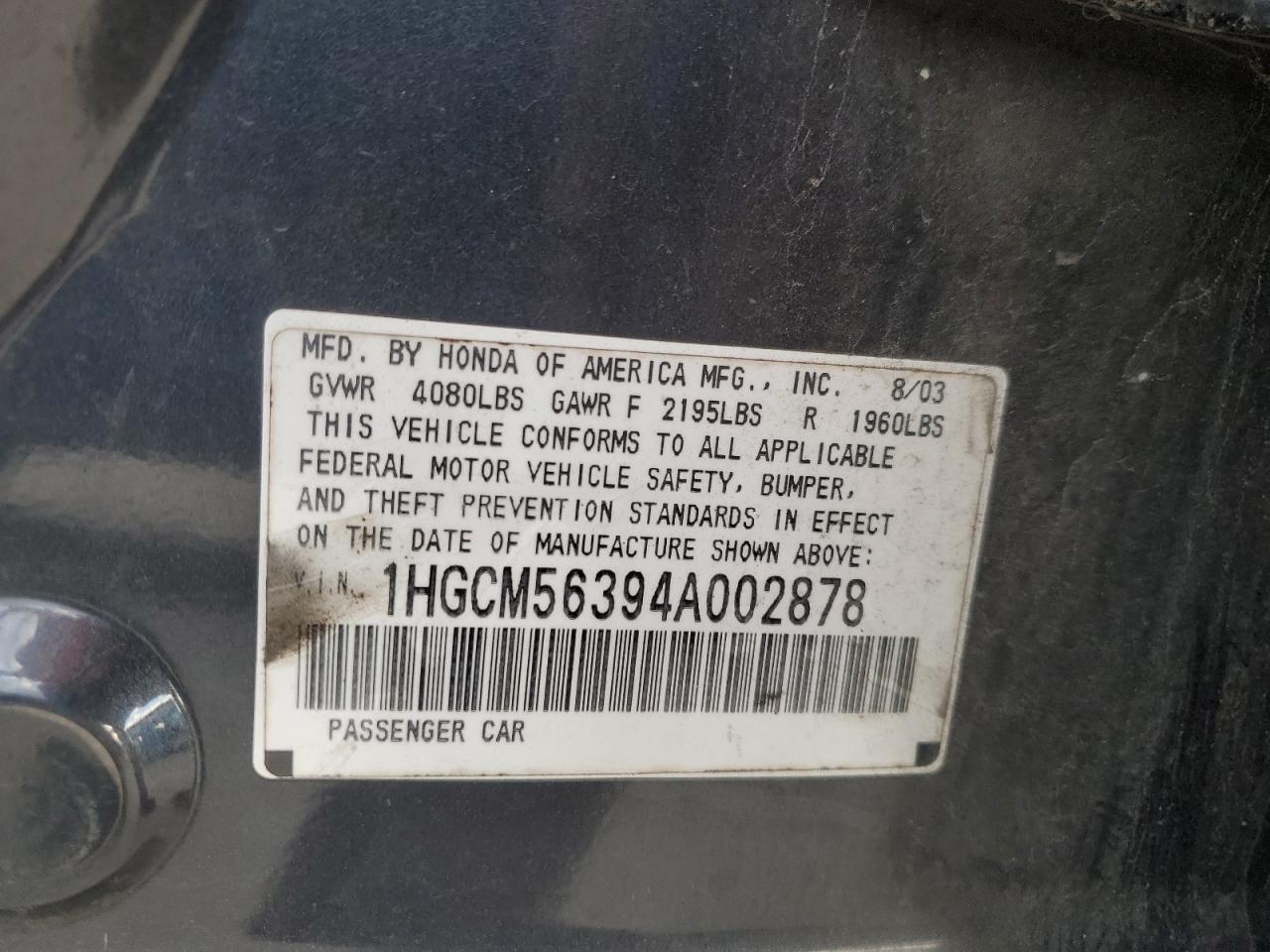 2004 Honda Accord Lx VIN: 1HGCM56394A002878 Lot: 90811385