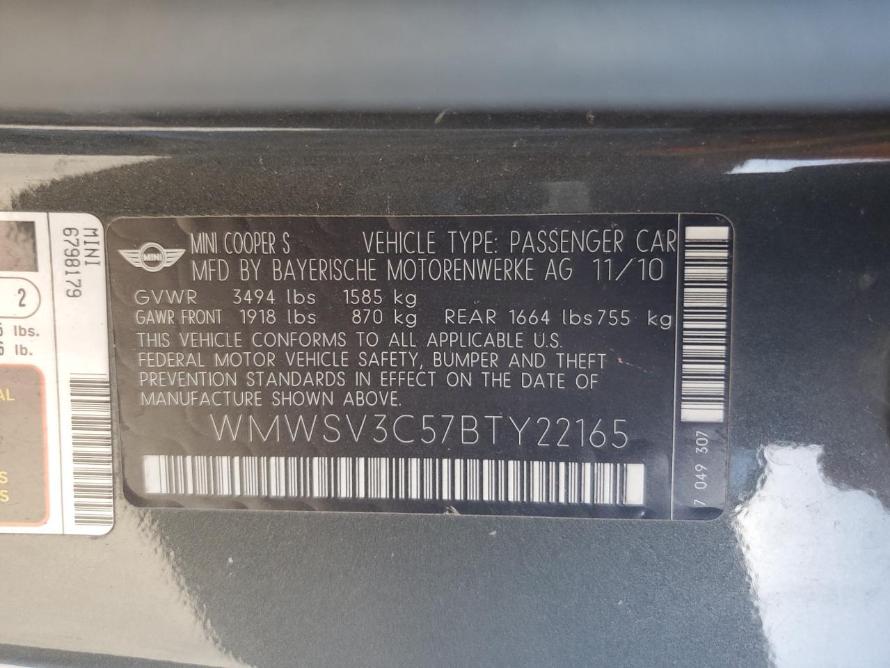 2011 Mini Cooper S VIN: WMWSV3C57BTY22165 Lot: 85356785