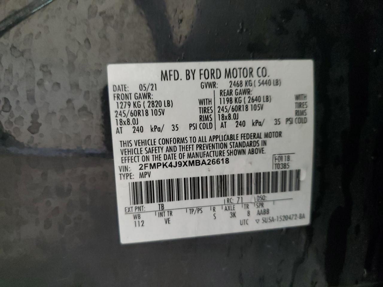 2021 Ford Edge Sel VIN: 2FMPK4J9XMBA26618 Lot: 87384705