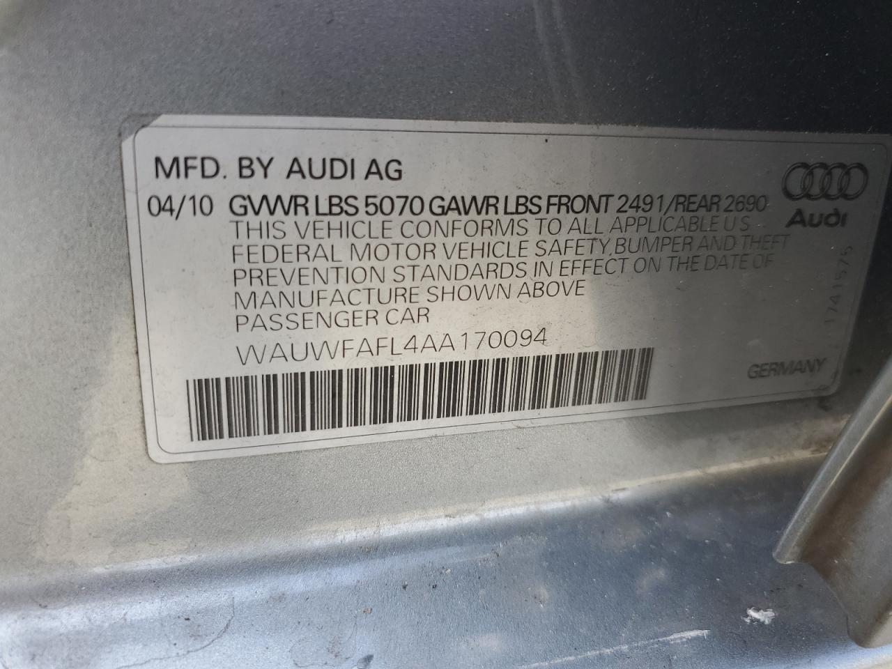 2010 Audi A4 Premium Plus VIN: WAUWFAFL4AA170094 Lot: 82604075