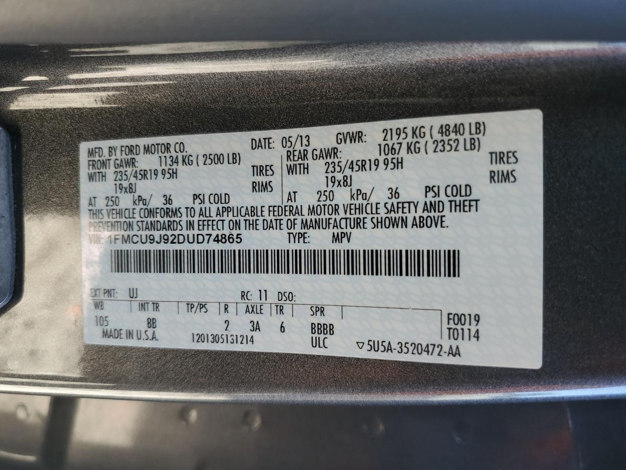 2013 Ford Escape Titanium VIN: 1FMCU9J92DUD74865 Lot: 84021385