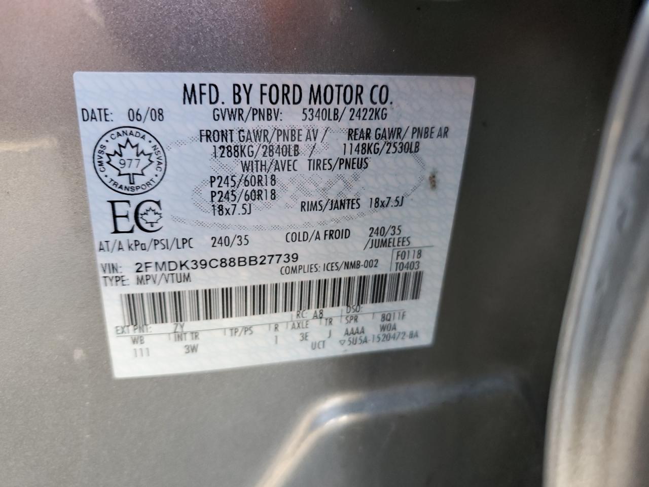 2008 Ford Edge Limited VIN: 2FMDK39C88BB27739 Lot: 89921875