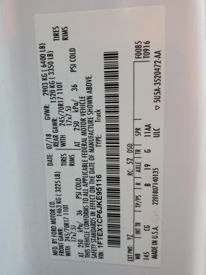 2018 Ford F150 Super Cab VIN: 1FTEX1CP6JKE95116 Lot: 82417025