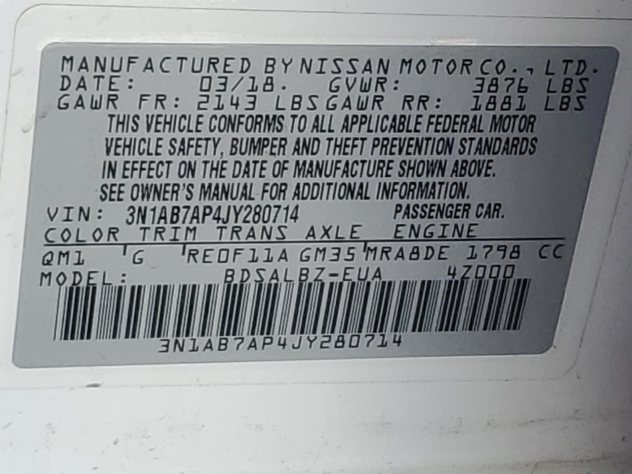 2018 Nissan Sentra S VIN: 3N1AB7AP4JY280714 Lot: 84989365