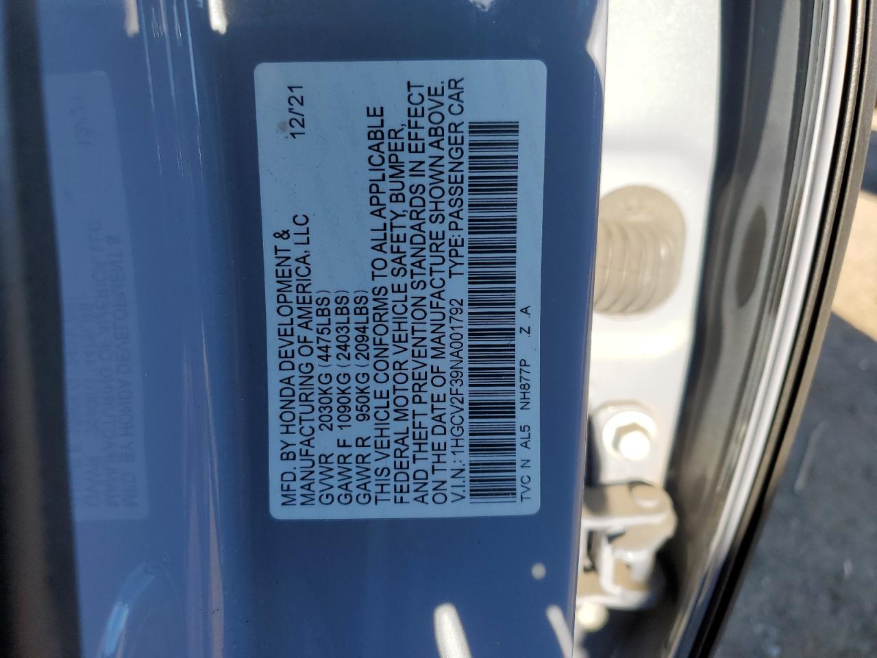 2022 Honda Accord Sport VIN: 1HGCV2F39NA001792 Lot: 82403035