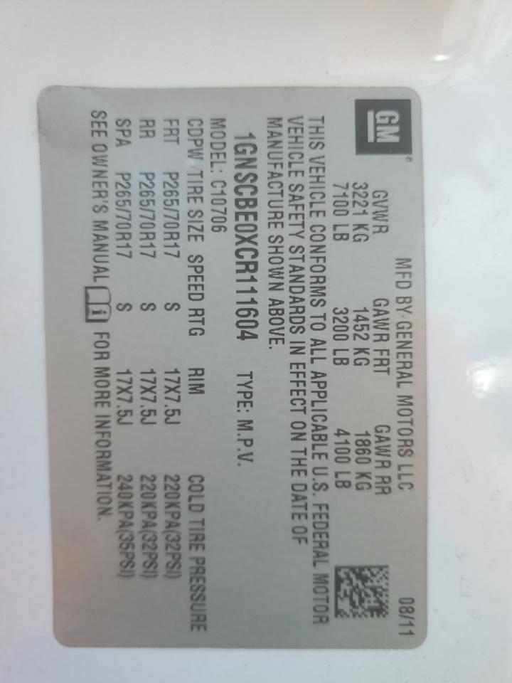 2012 Chevrolet Tahoe C1500 Lt VIN: 1GNSCBE0XCR111604 Lot: 82277305