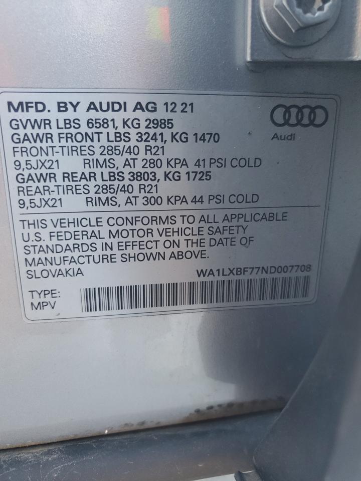 2022 Audi Q7 Premium Plus VIN: WA1LXBF77ND007708 Lot: 86514825