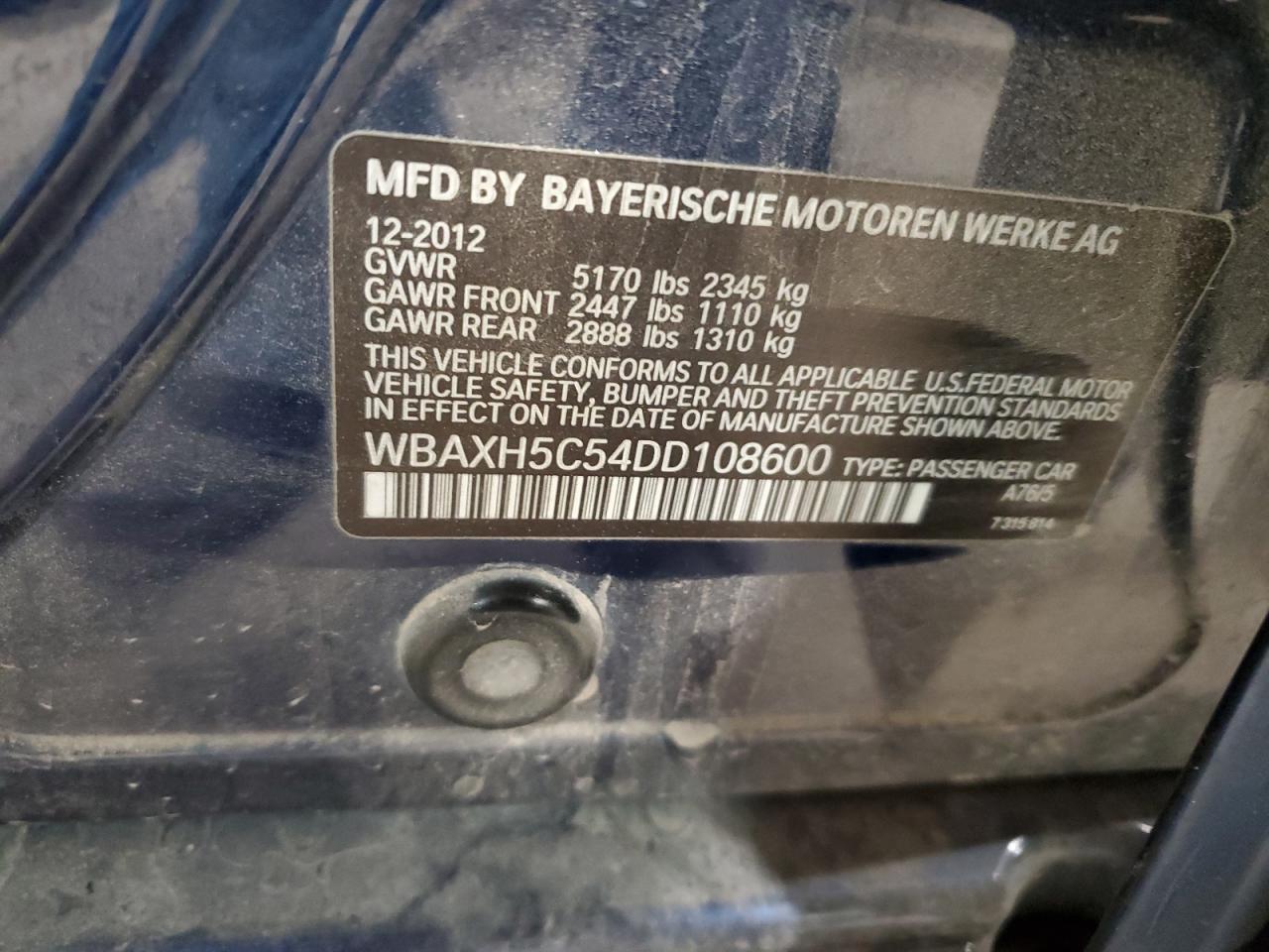 2013 BMW 528 Xi VIN: WBAXH5C54DD108600 Lot: 89882175