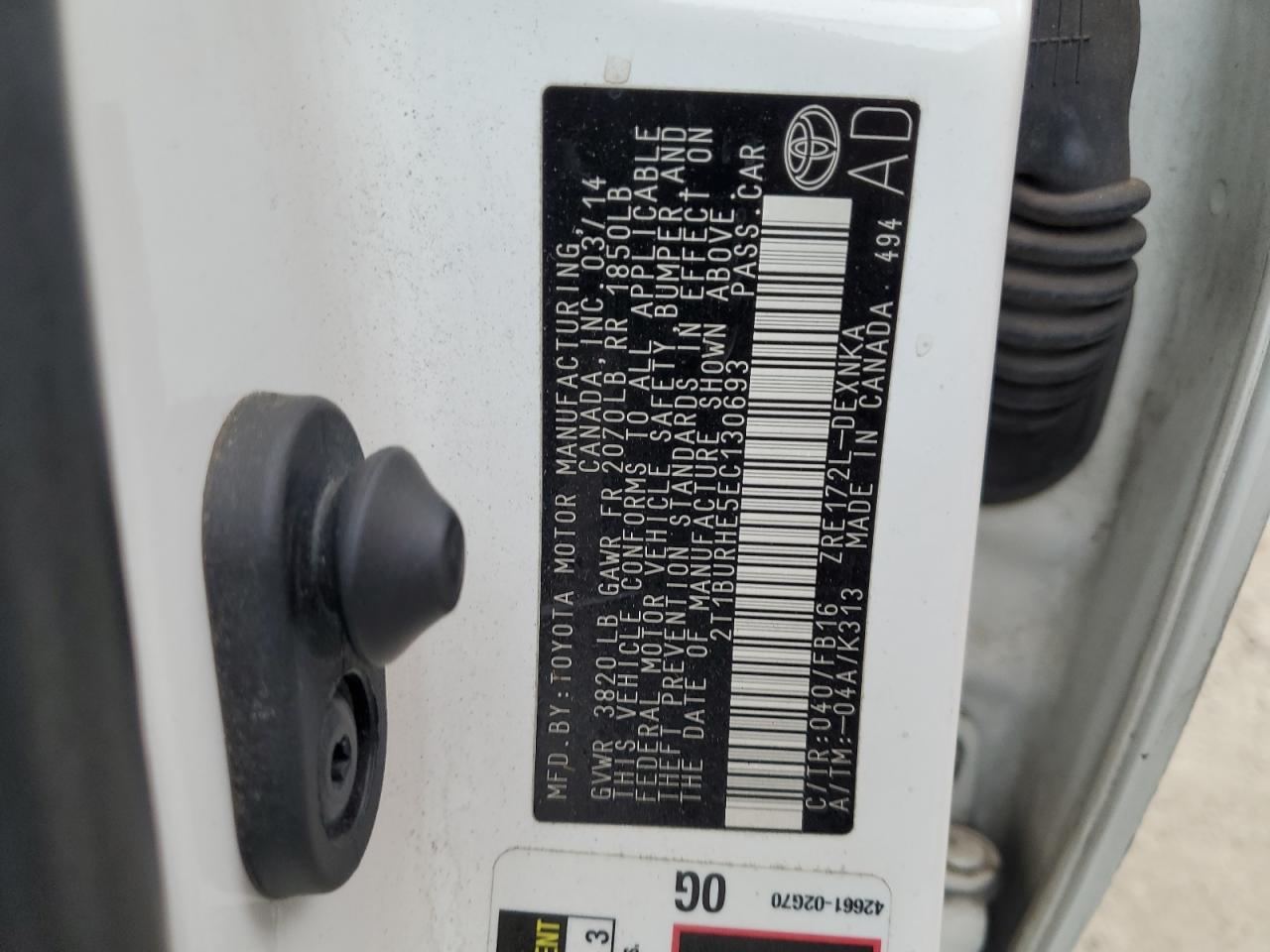 2014 Toyota Corolla L VIN: 2T1BURHE5EC130693 Lot: 84726635