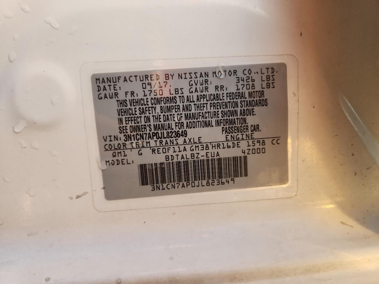 2018 Nissan Versa S VIN: 3N1CN7AP0JL823649 Lot: 90394275