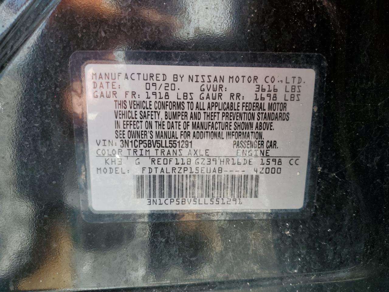 2020 Nissan Kicks S VIN: 3N1CP5BV5LL551291 Lot: 85172195