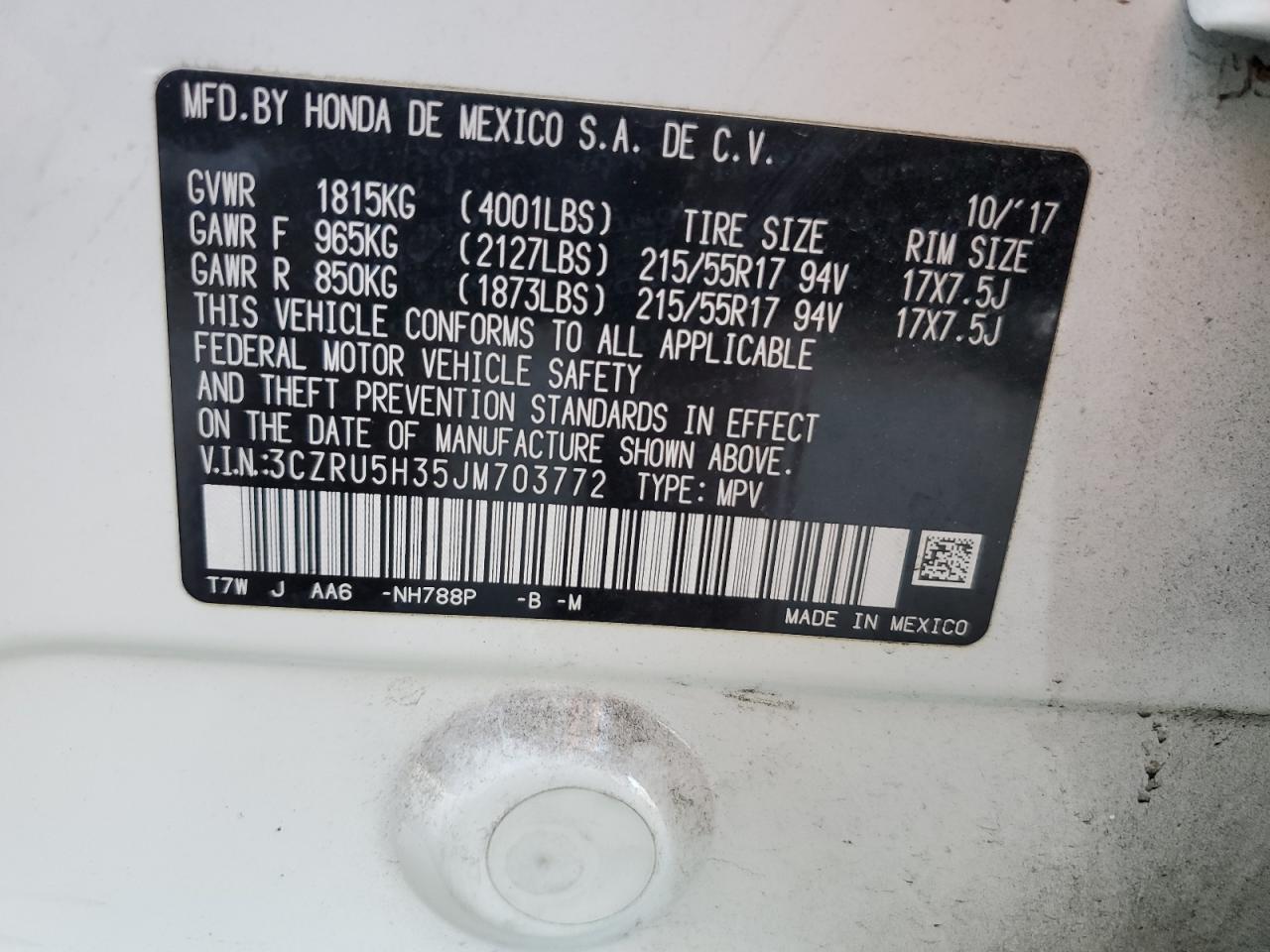 2018 Honda Hr-V Lx VIN: 3CZRU5H35JM703772 Lot: 82269685