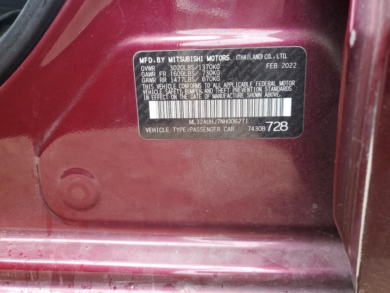 2022 Mitsubishi Mirage Es VIN: ML32AUHJ7NH006271 Lot: 82460625