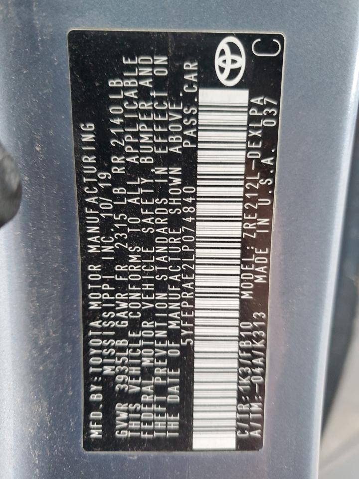 2020 Toyota Corolla Le VIN: 5YFEPRAE2LP074840 Lot: 90325205