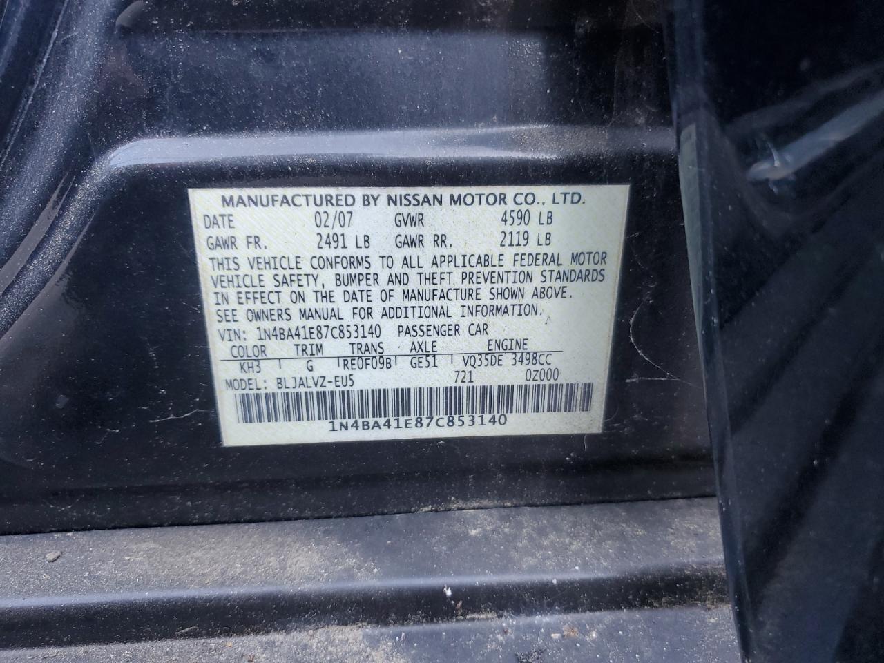 2007 Nissan Maxima Se VIN: 1N4BA41E87C853140 Lot: 85075785