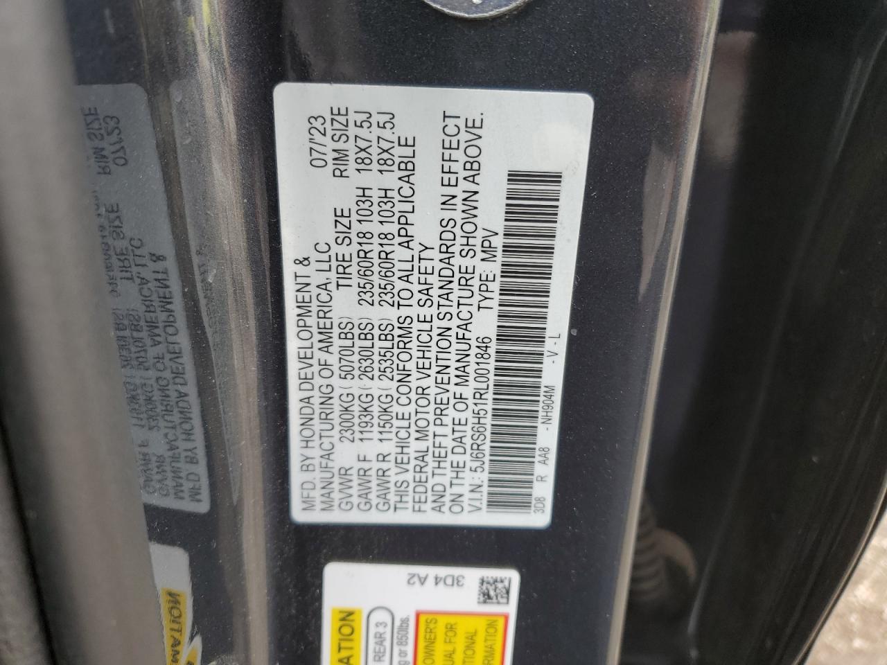 2024 Honda Cr-V Sport VIN: 5J6RS6H51RL001846 Lot: 82585595