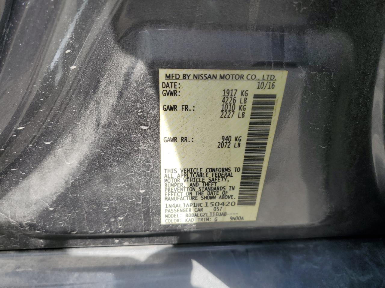 2017 Nissan Altima 2.5 VIN: 1N4AL3AP1HC150420 Lot: 84582405