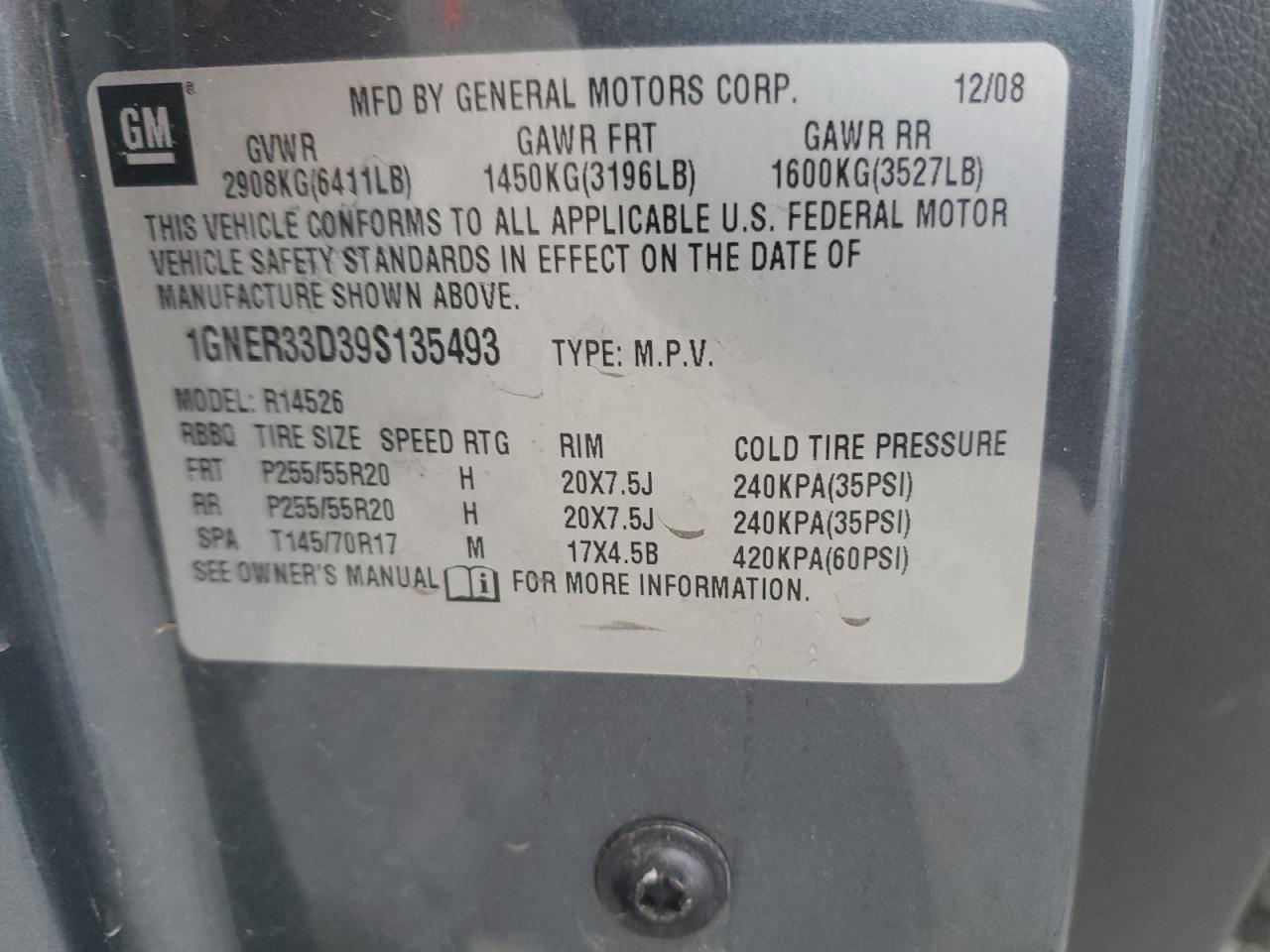 2009 Chevrolet Traverse Ltz VIN: 1GNER33D39S135493 Lot: 85550465