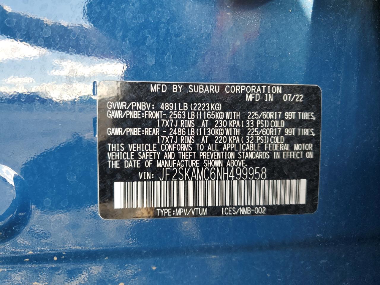 2022 Subaru Forester Wilderness VIN: JF2SKAMC6NH499958 Lot: 90283225