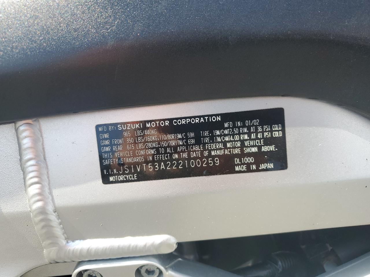 2002 Suzuki Dl1000 VIN: JS1VT53A222100259 Lot: 85338115