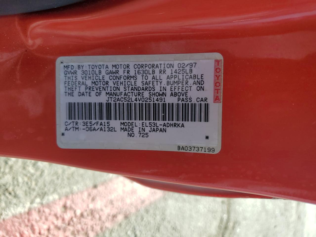 1997 Toyota Tercel Ce VIN: JT2AC52L4V0251491 Lot: 82249735