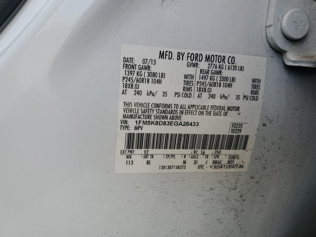 2014 Ford Explorer Xlt VIN: 1FM5K8D83EGA28433 Lot: 84819595