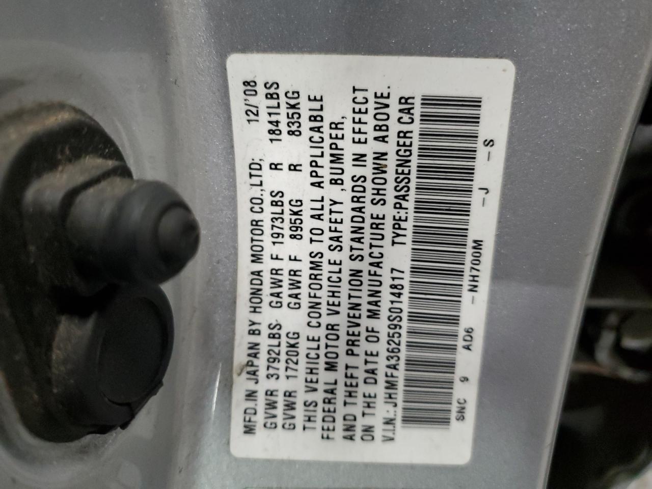 2009 Honda Civic Hybrid VIN: JHMFA36259S014817 Lot: 81991535