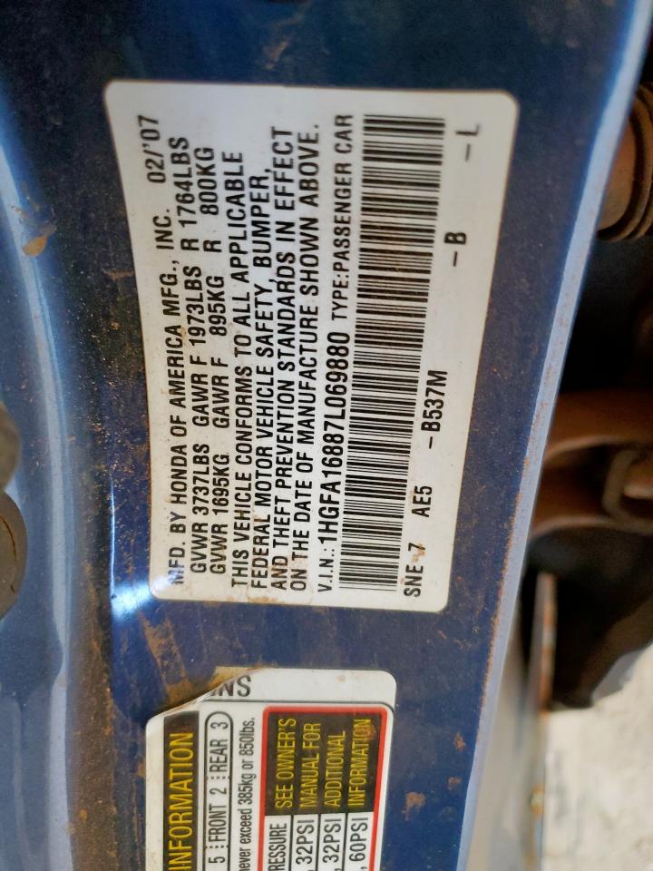 2007 Honda Civic Ex VIN: 1HGFA16887L069880 Lot: 85004555