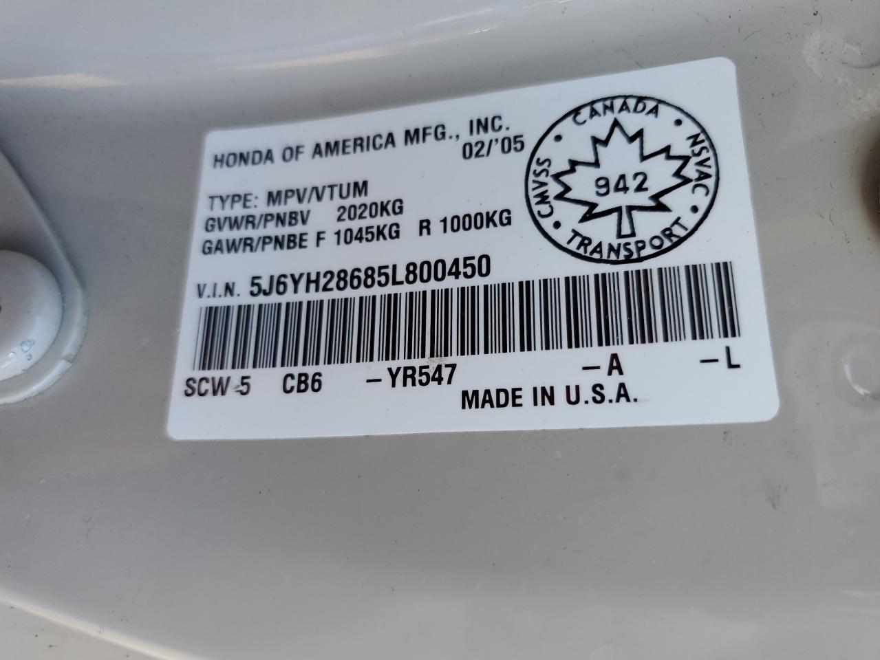2005 Honda Element Ex VIN: 5J6YH28685L800450 Lot: 86449795