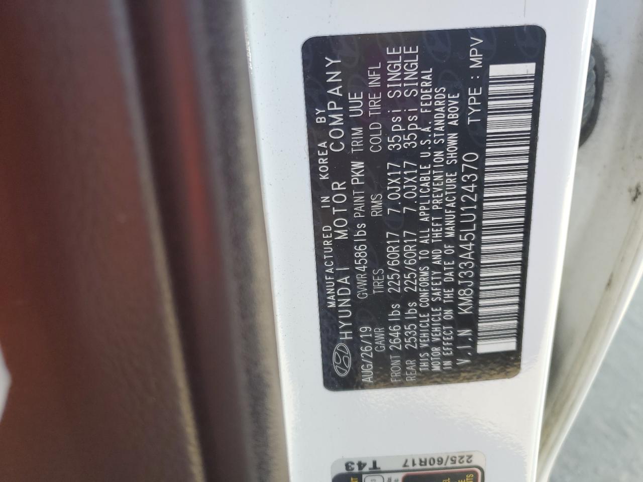 2020 Hyundai Tucson Limited VIN: KM8J33A45LU124370 Lot: 85274635