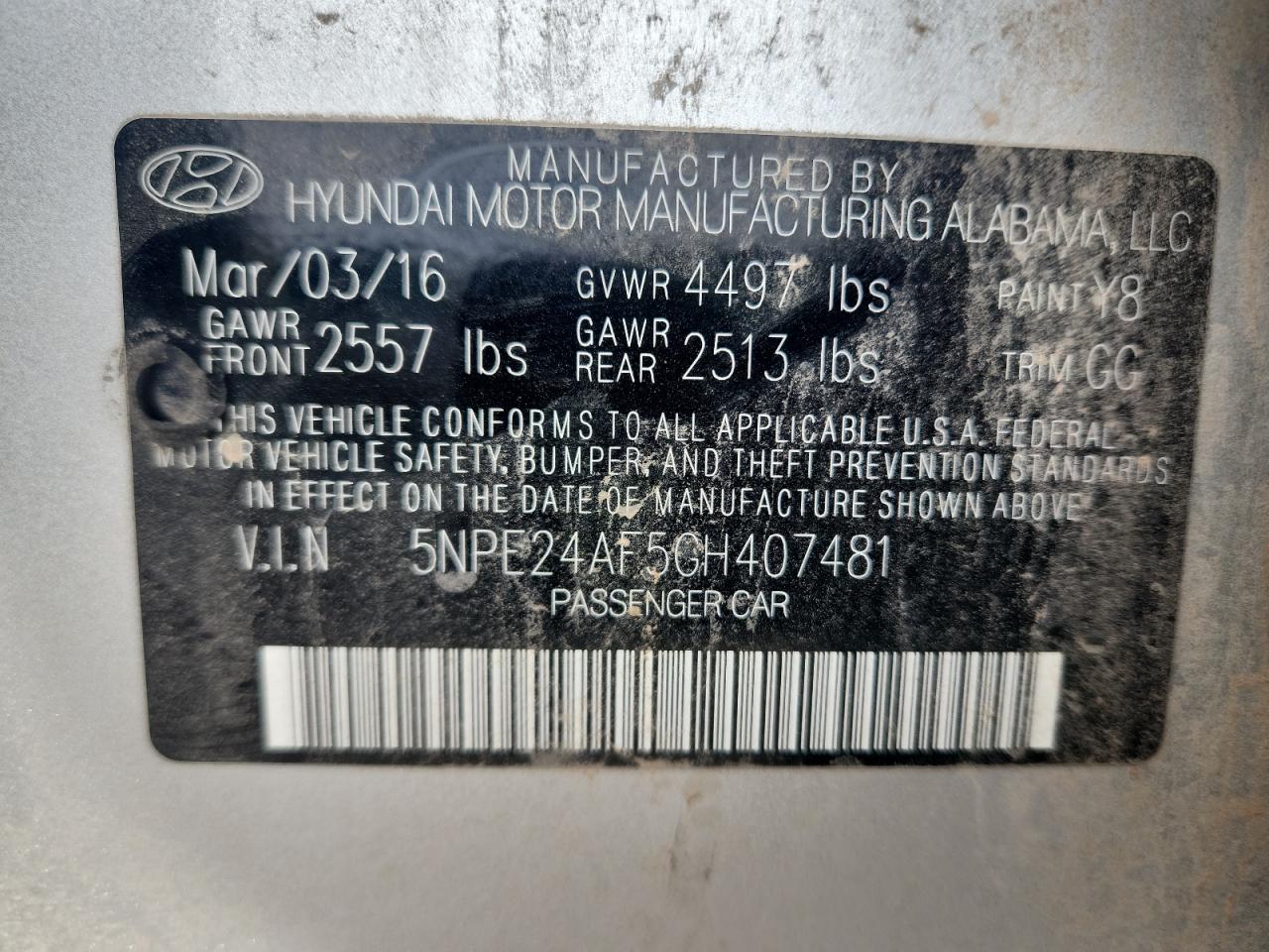 2016 Hyundai Sonata Se VIN: 5NPE24AF5GH407481 Lot: 85642255