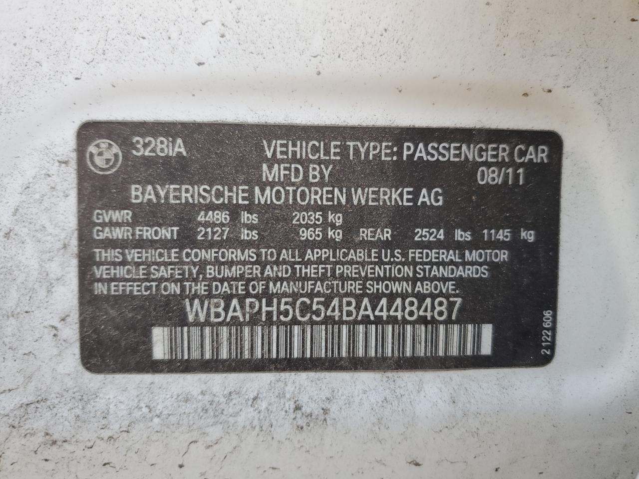 2011 BMW 328 I Sulev VIN: WBAPH5C54BA448487 Lot: 84947315